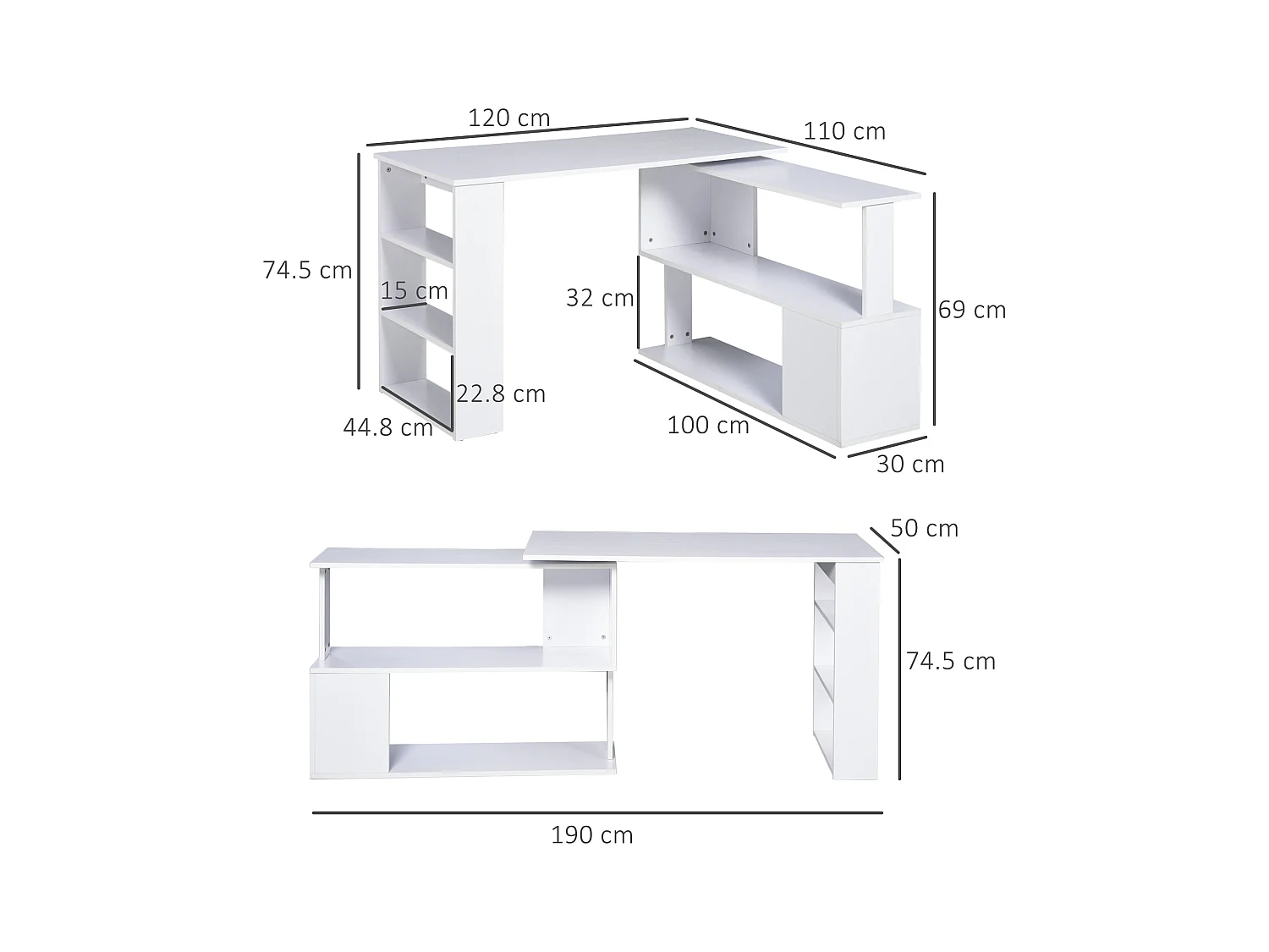 Scrivania angolare girevole a 360° e 5 ripiani bianca
