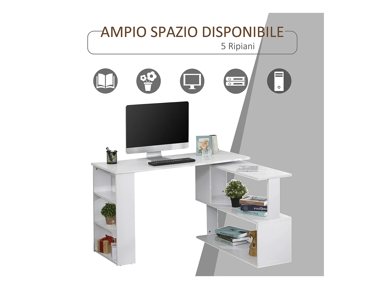 Scrivania angolare girevole a 360° e 5 ripiani bianca