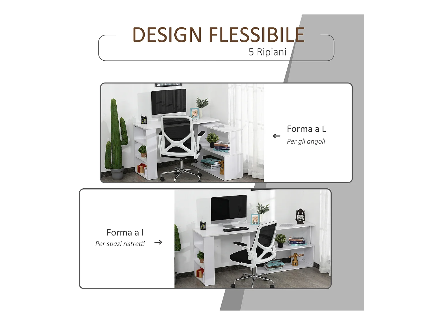 Scrivania angolare girevole a 360° e 5 ripiani bianca