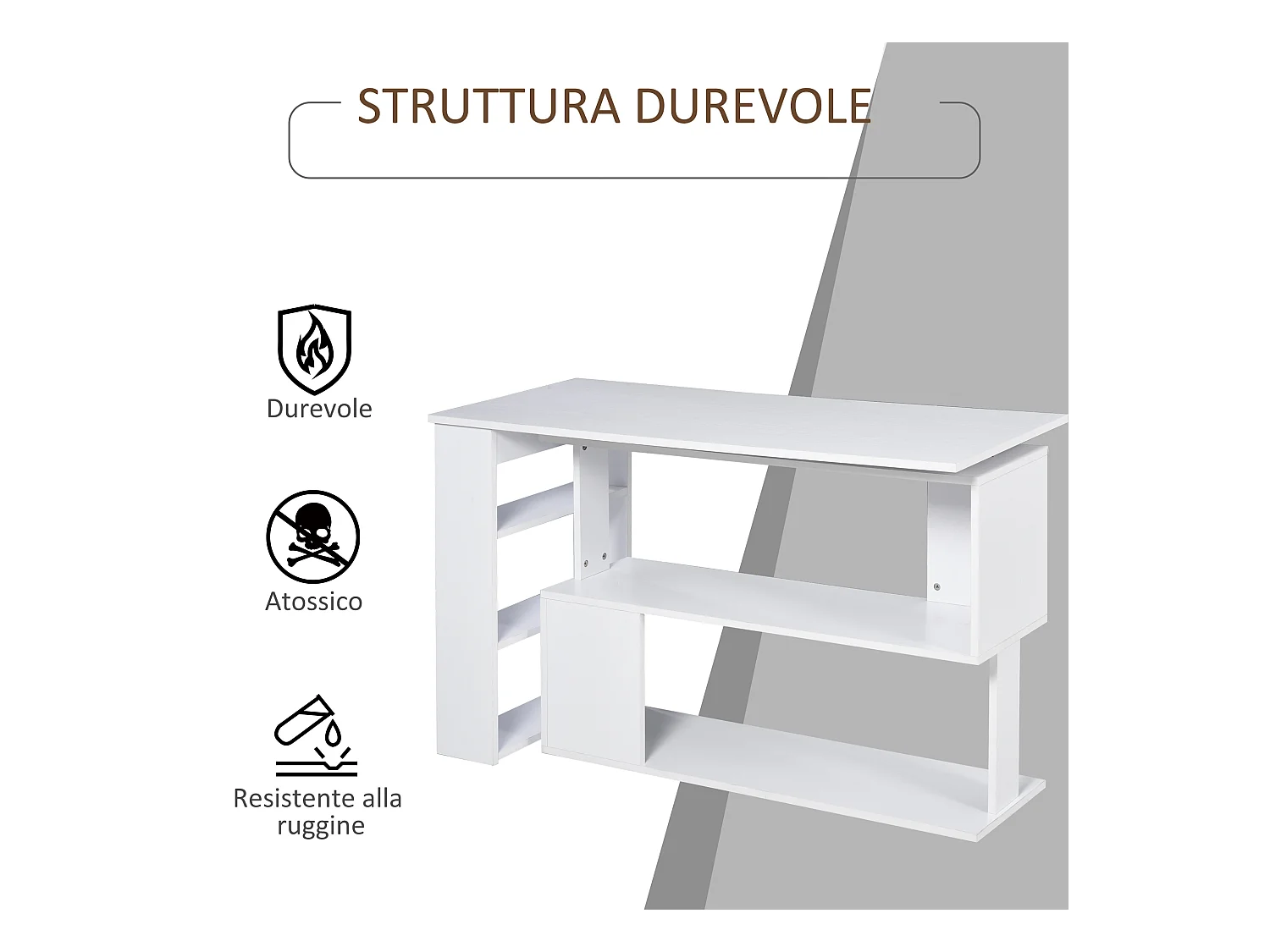 Scrivania angolare girevole a 360° e 5 ripiani bianca