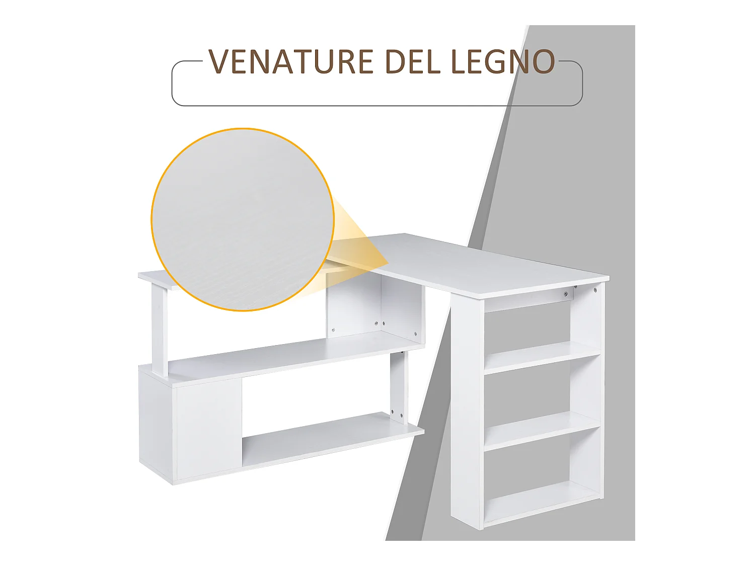 Scrivania angolare girevole a 360° e 5 ripiani bianca