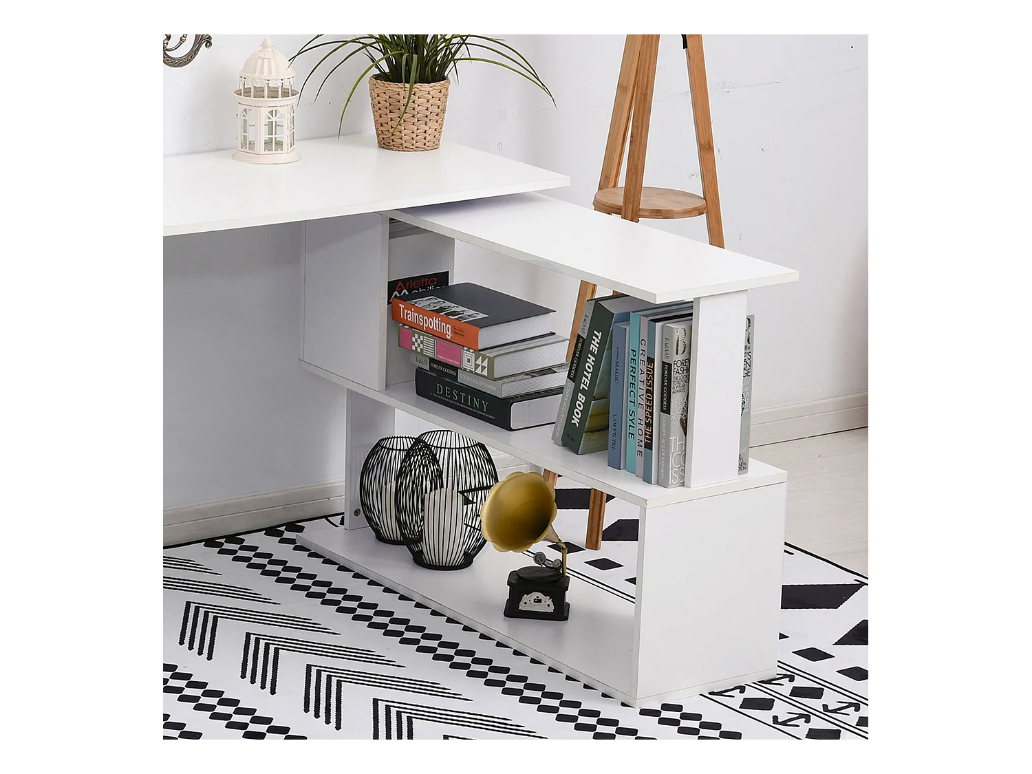 Scrivania angolare girevole a 360° e 5 ripiani bianca