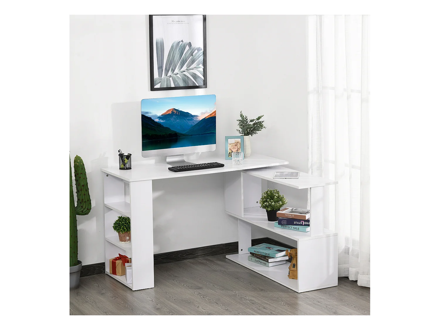 Scrivania angolare girevole a 360° e 5 ripiani bianca