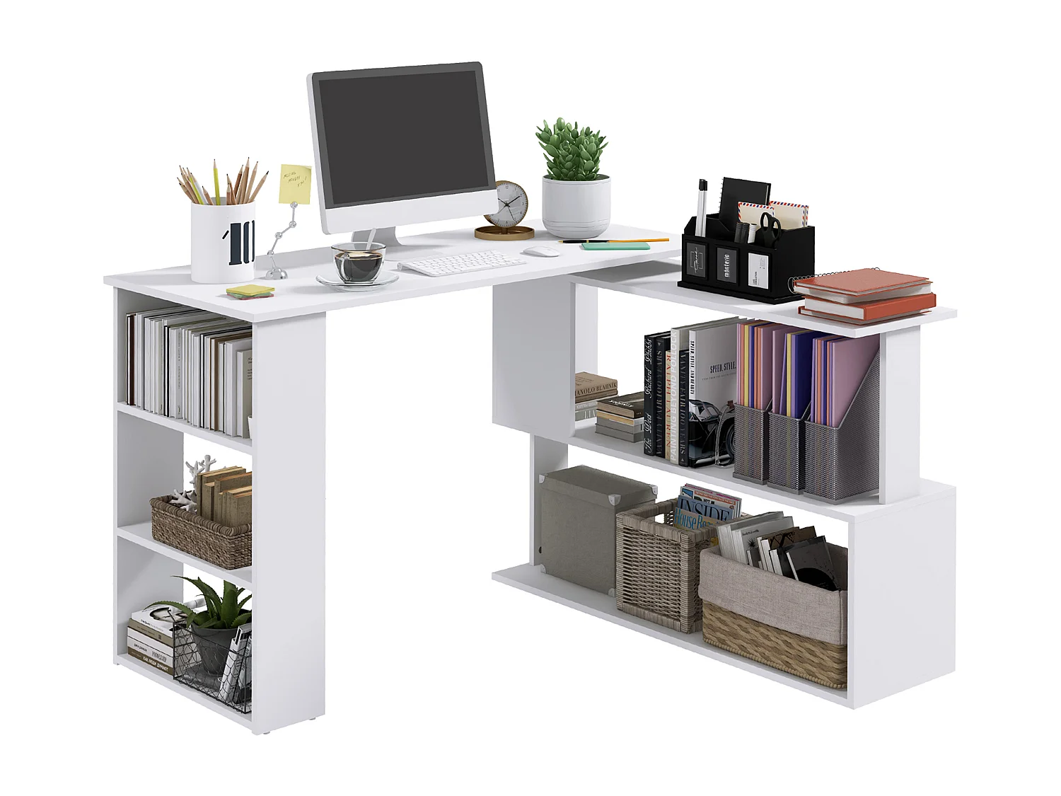 Scrivania angolare girevole a 360° e 5 ripiani bianca