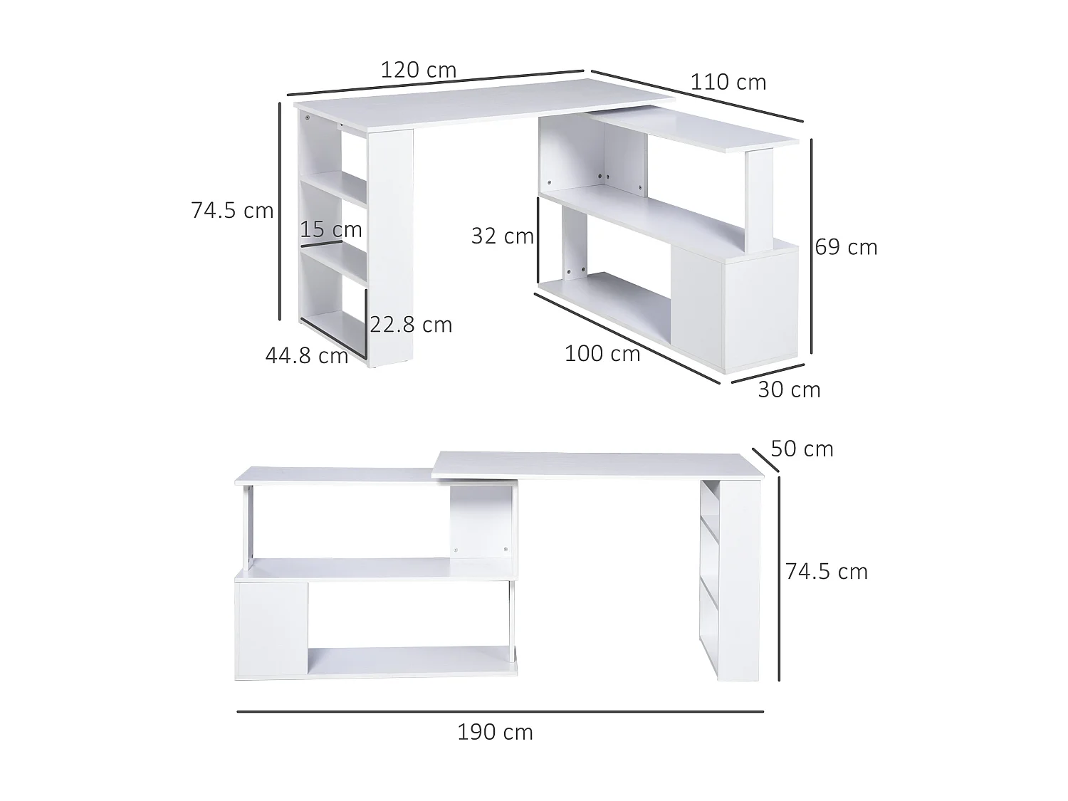 Scrivania angolare girevole a 360° e 5 ripiani bianca