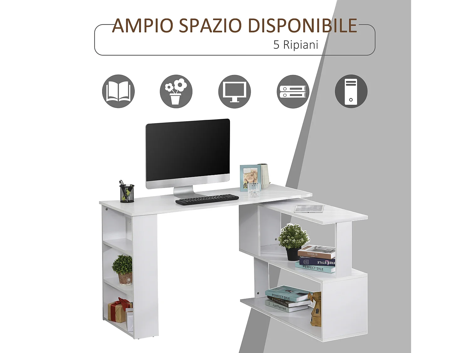 Scrivania angolare girevole a 360° e 5 ripiani bianca
