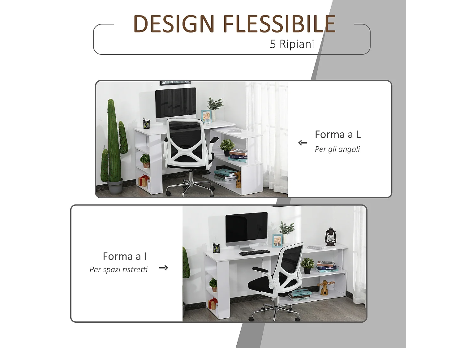 Scrivania angolare girevole a 360° e 5 ripiani bianca