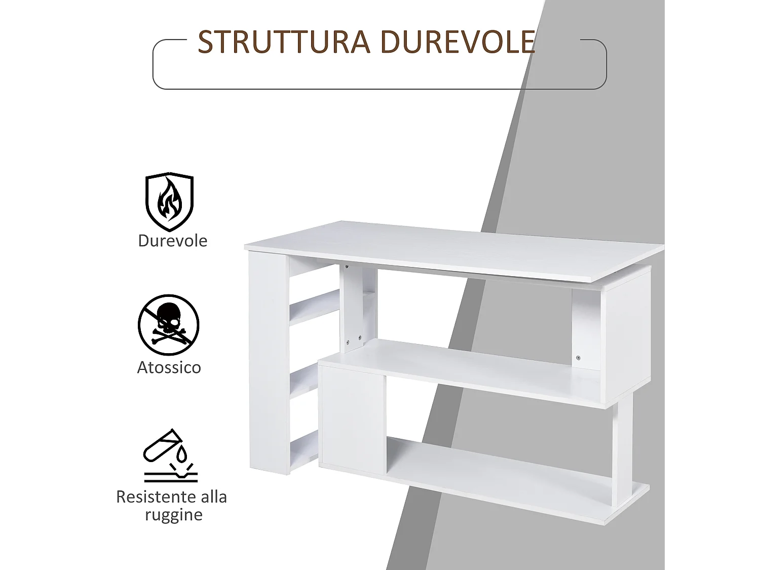 Scrivania angolare girevole a 360° e 5 ripiani bianca