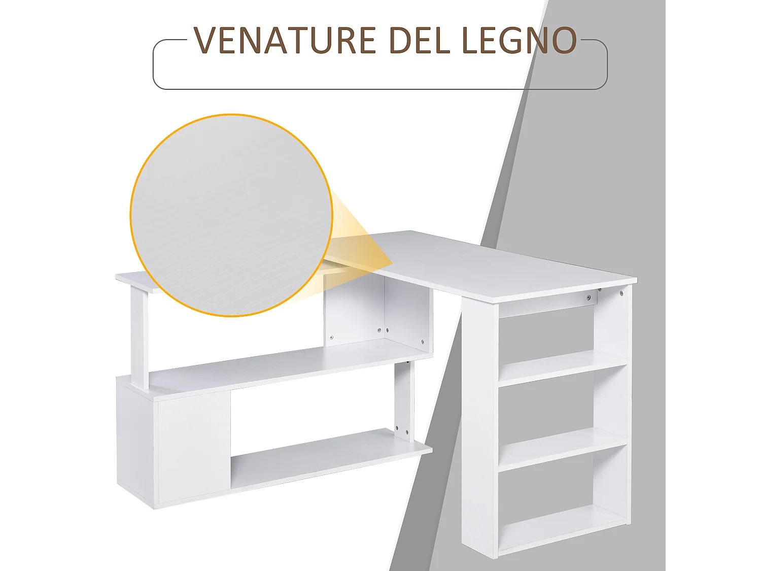 Scrivania angolare girevole a 360° e 5 ripiani bianca