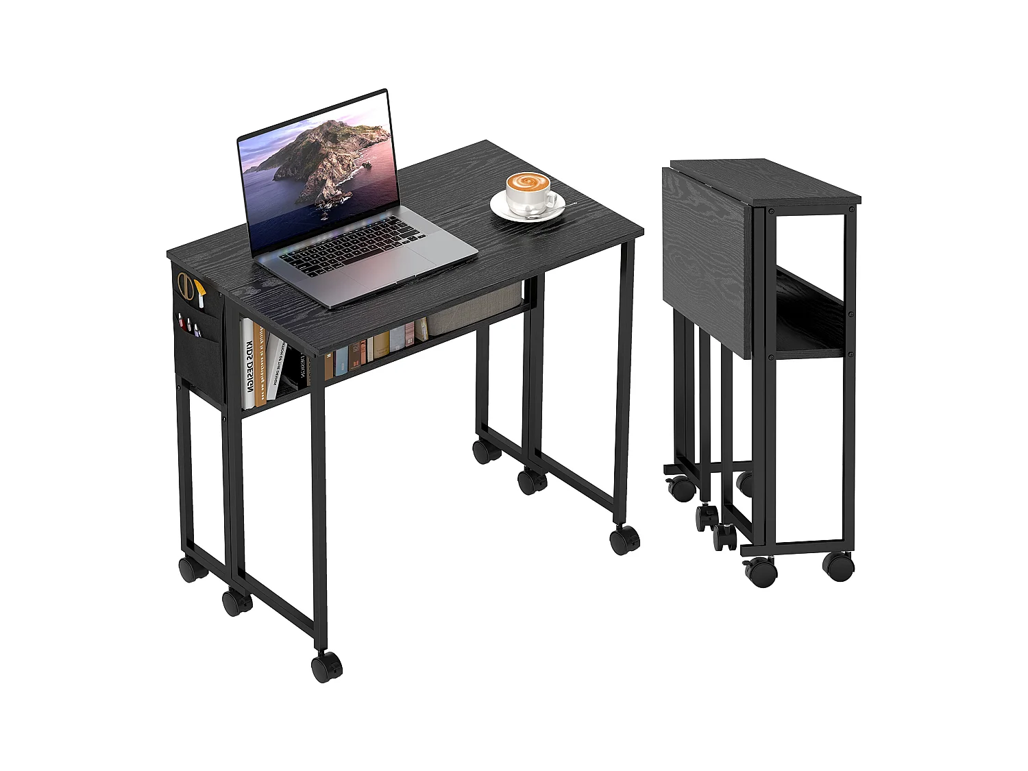 Scrivania pieghevole a ribalta con ripiano e ruote nero