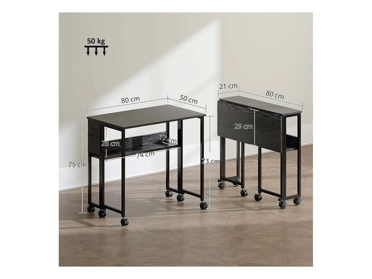 Scrivania pieghevole a ribalta con ripiano e ruote nero