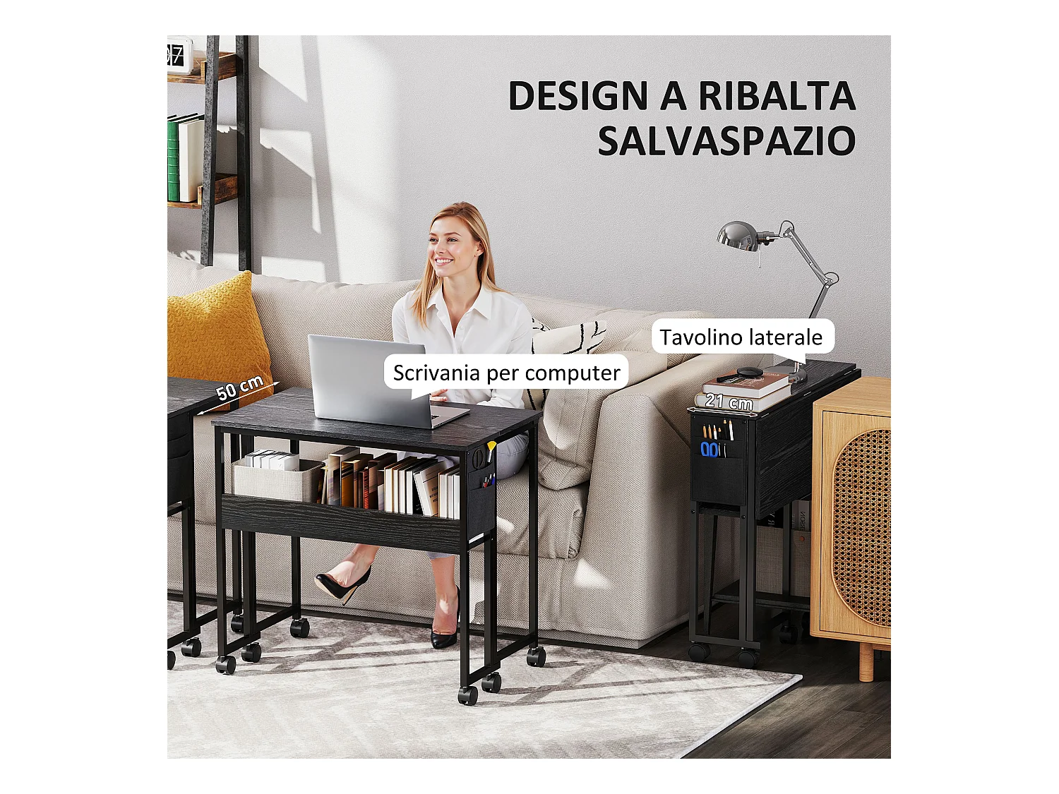 Scrivania pieghevole a ribalta con ripiano e ruote nero