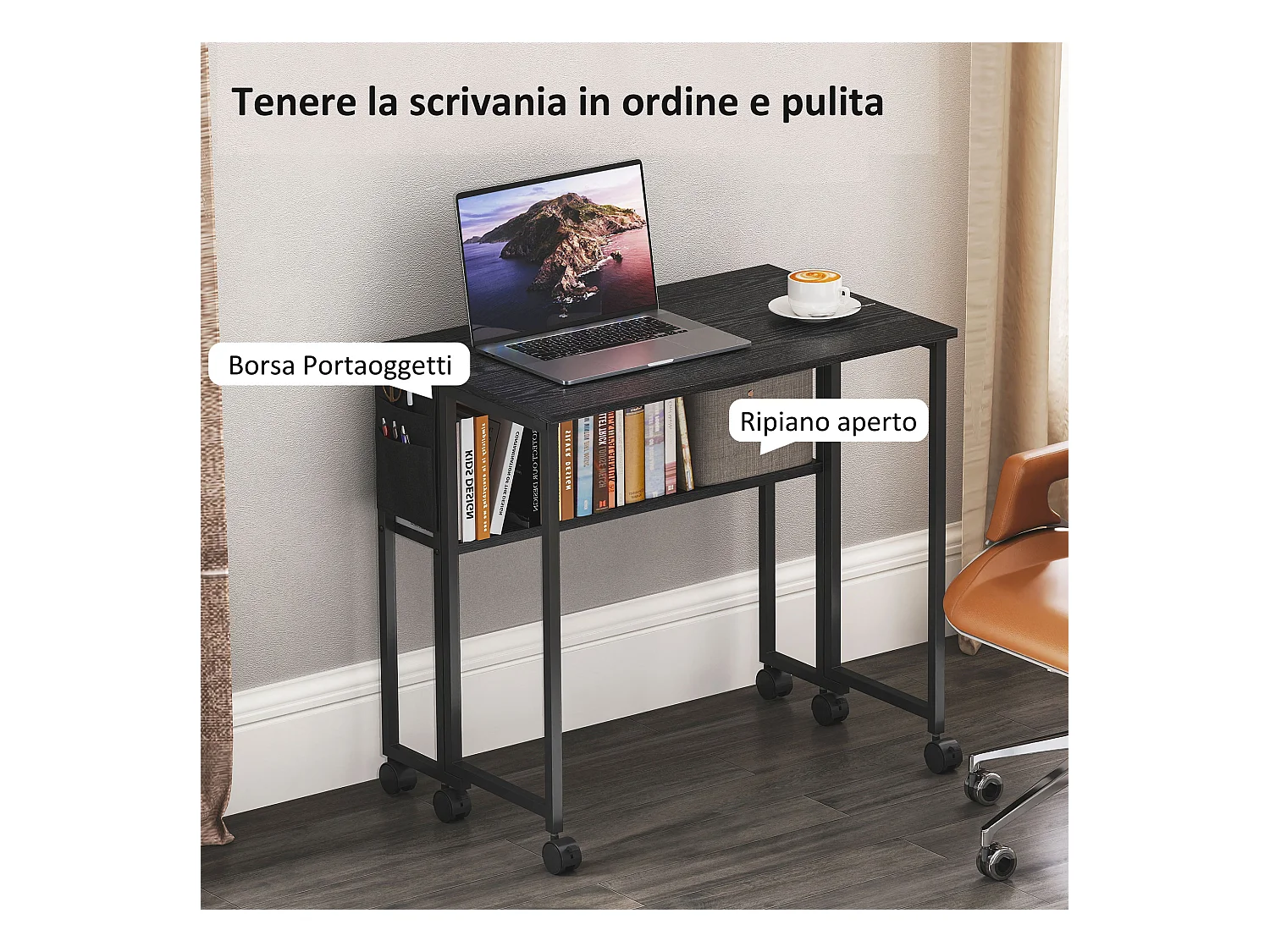Scrivania pieghevole a ribalta con ripiano e ruote nero