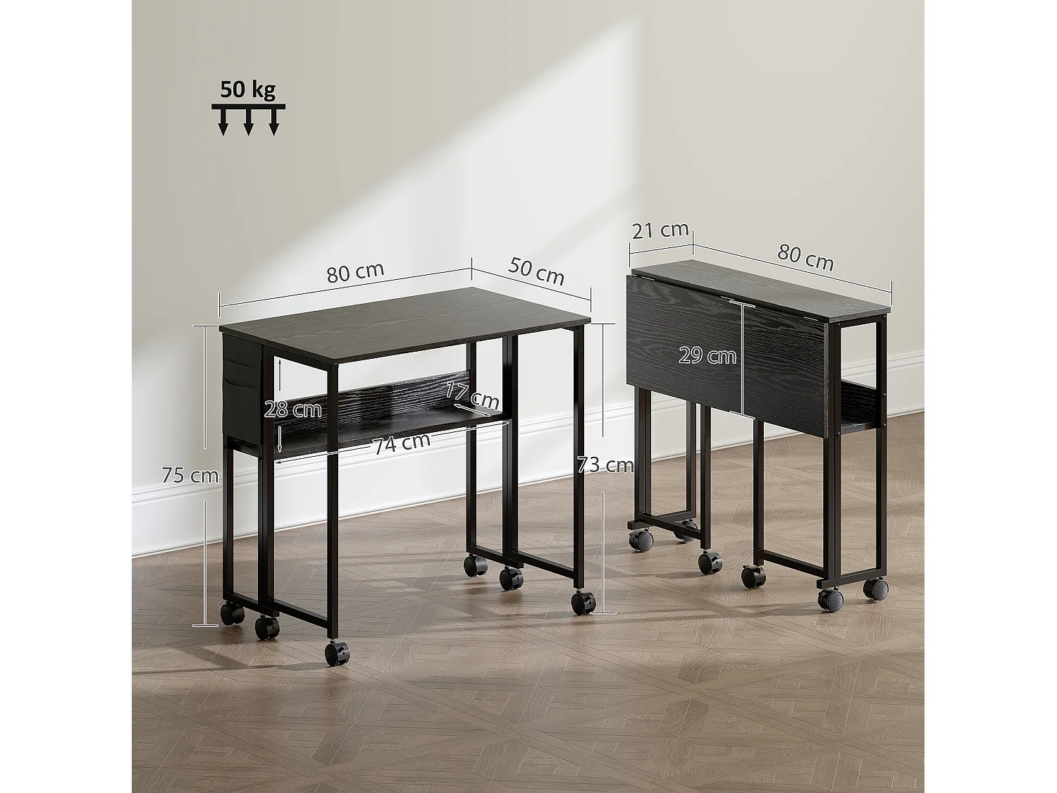 Scrivania pieghevole a ribalta con ripiano e ruote nero