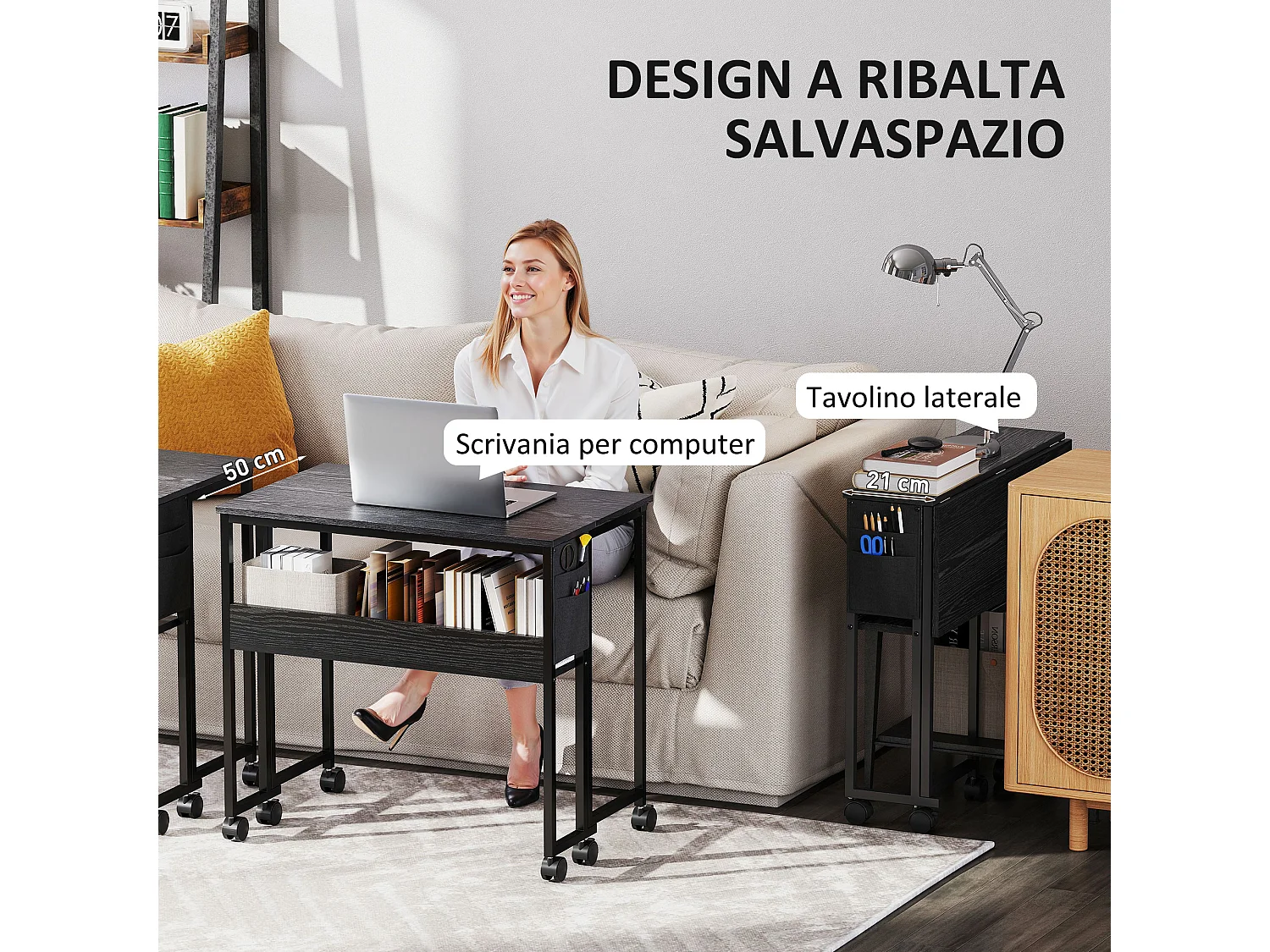 Scrivania pieghevole a ribalta con ripiano e ruote nero