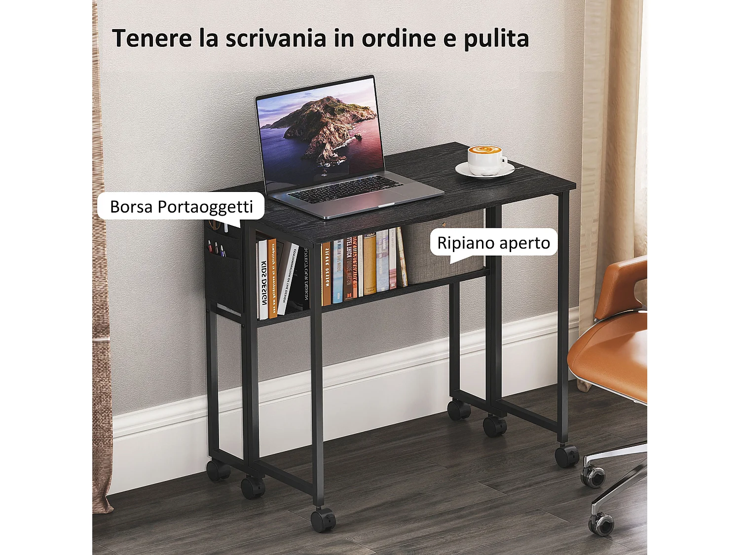 Scrivania pieghevole a ribalta con ripiano e ruote nero