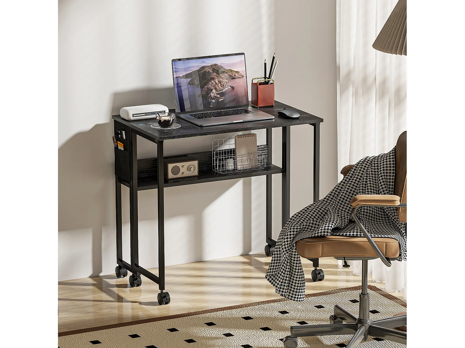Scrivania pieghevole a ribalta con ripiano e ruote nero