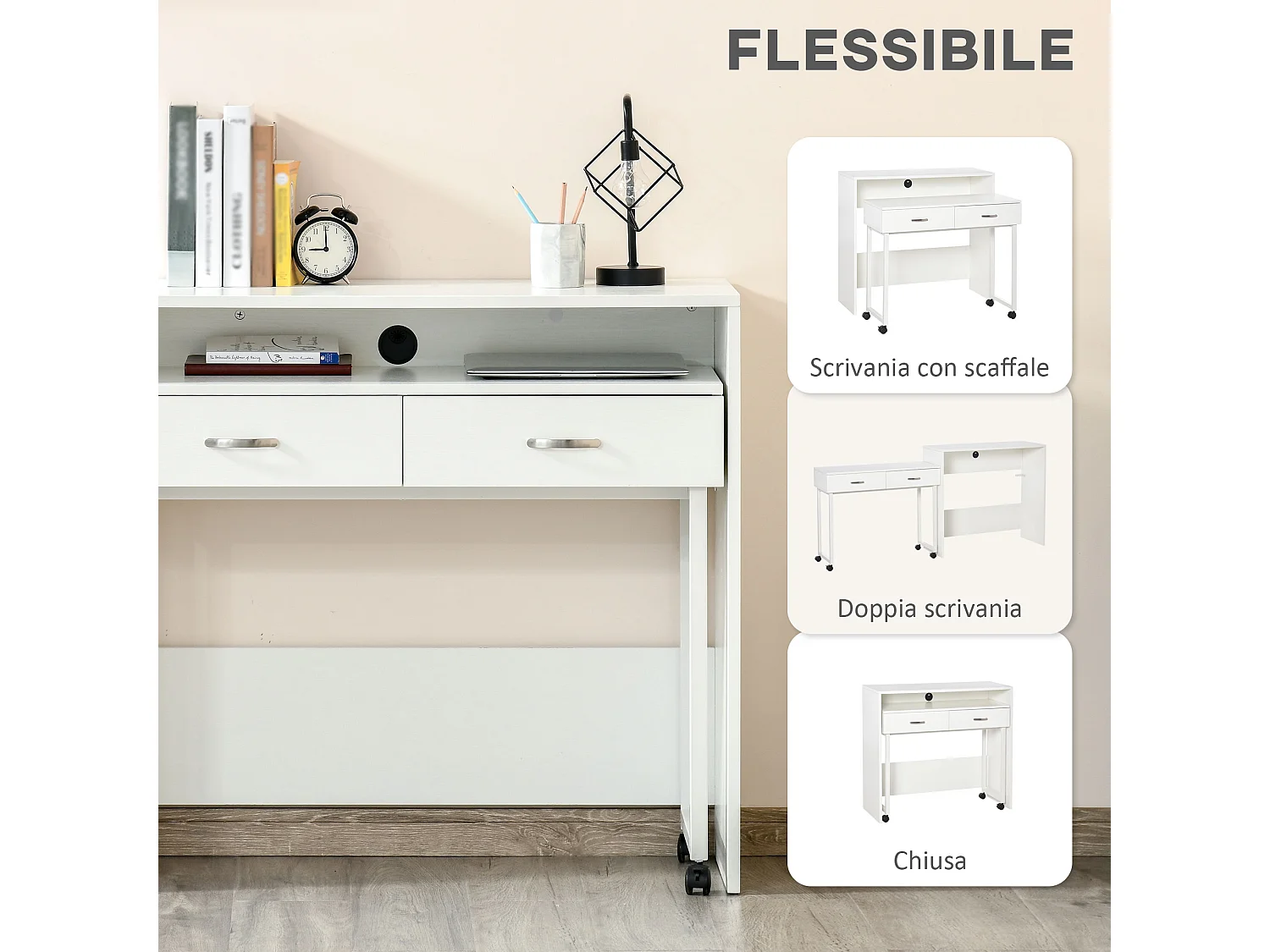 Doppia scrivania ufficio e camera con cassetti e ruote bianco