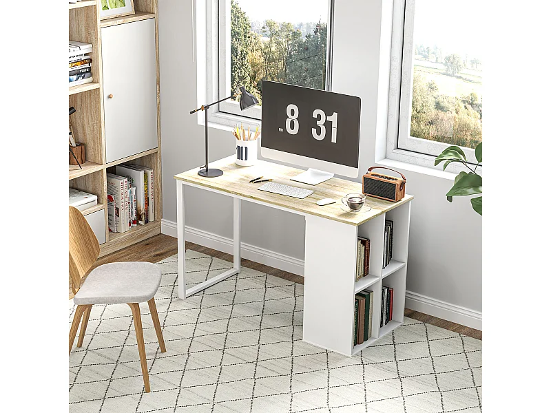 Scrivania per computer con 4 ripiani in legno e acciaio bianco rovere