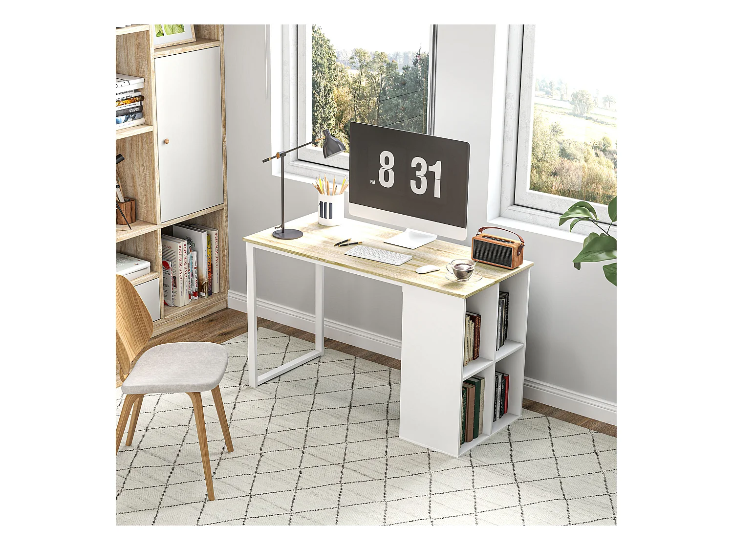 Scrivania per computer con 4 ripiani in legno e acciaio bianco rovere