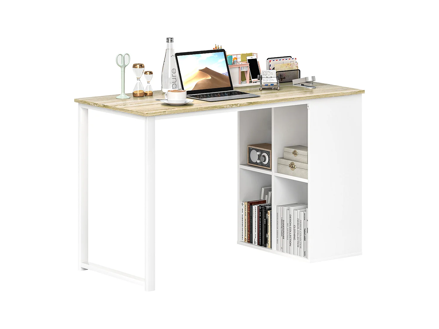 Scrivania per computer con 4 ripiani in legno e acciaio bianco rovere