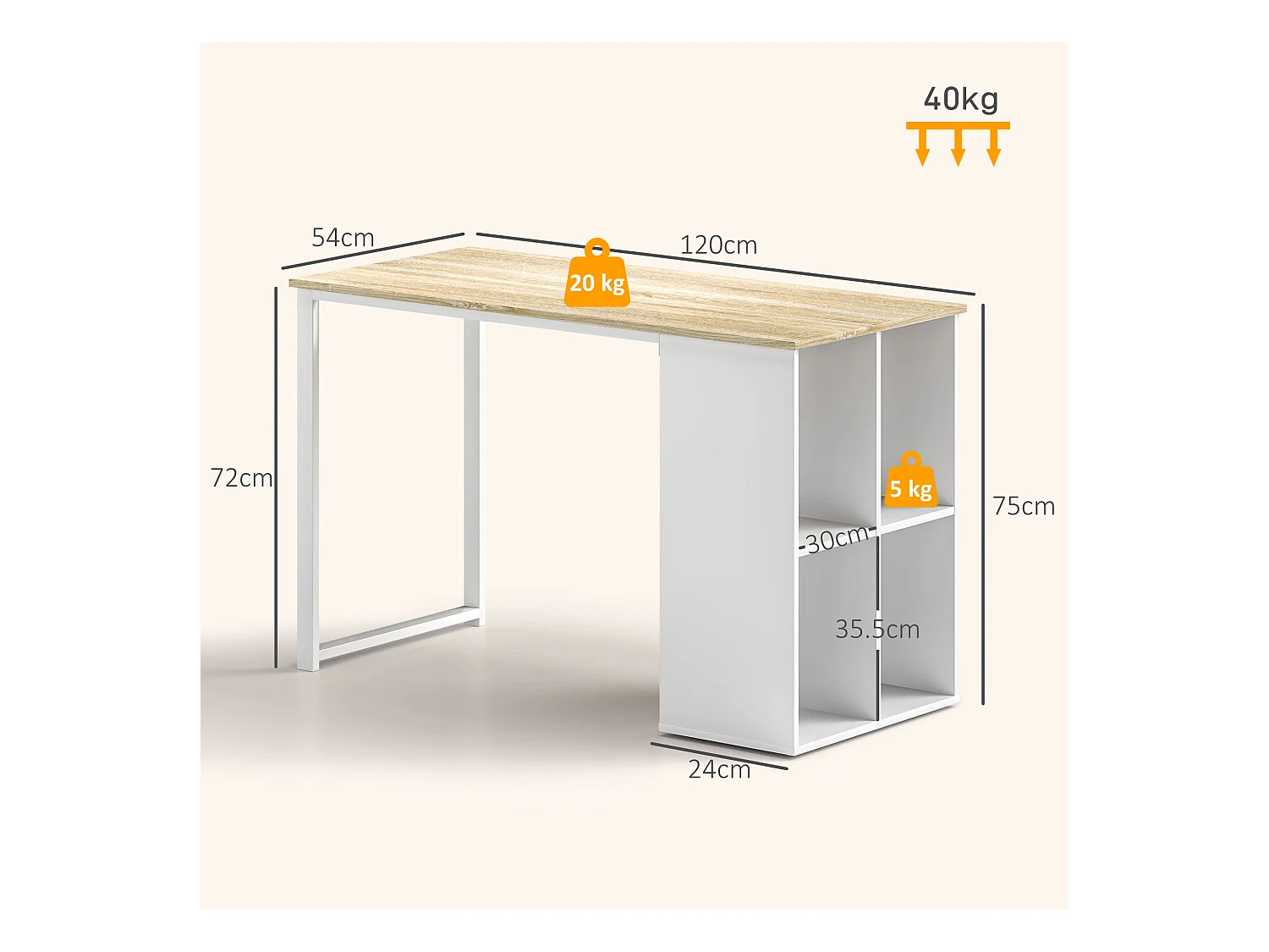 Scrivania per computer con 4 ripiani in legno e acciaio bianco rovere