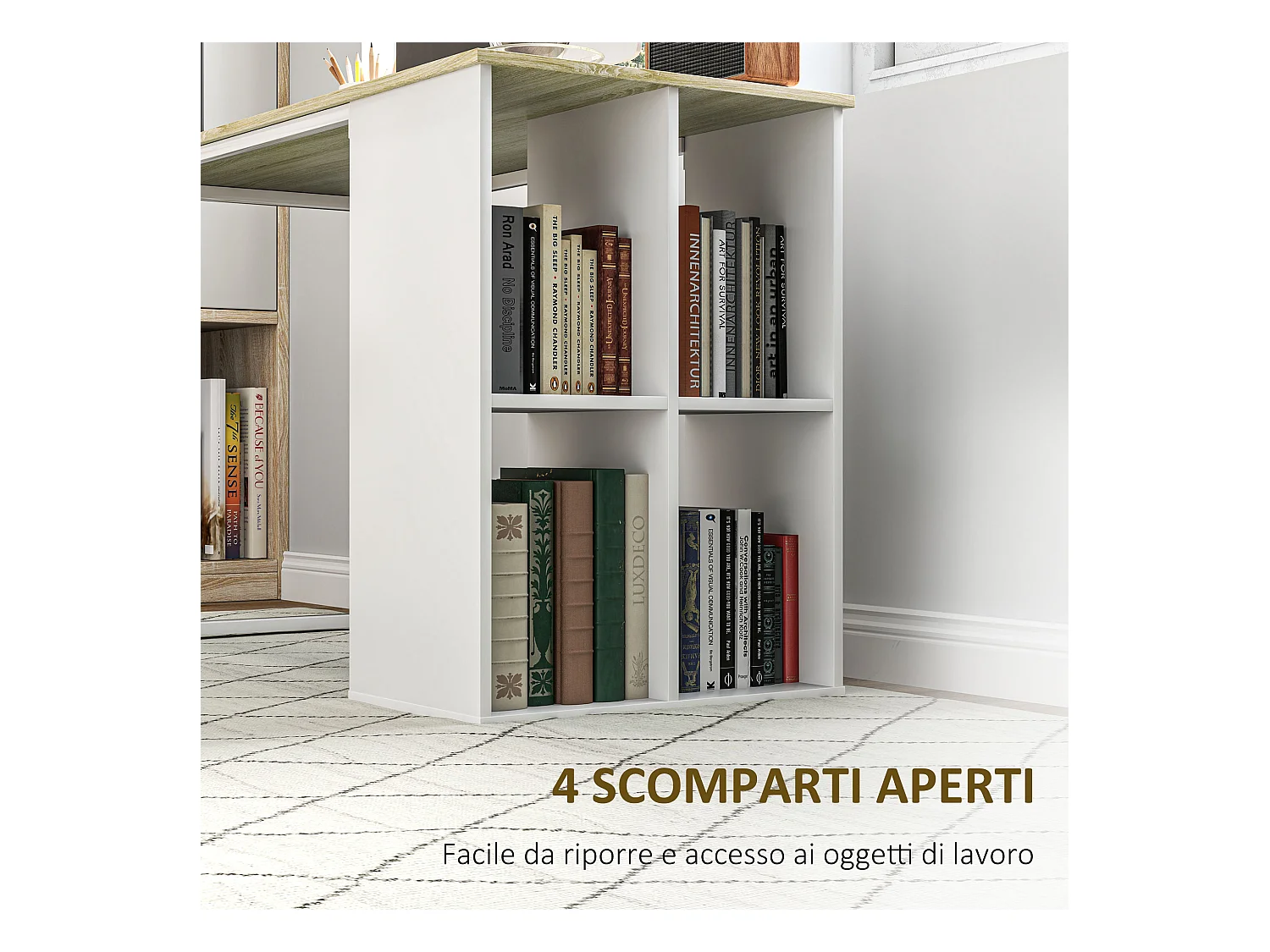 Scrivania per computer con 4 ripiani in legno e acciaio bianco rovere