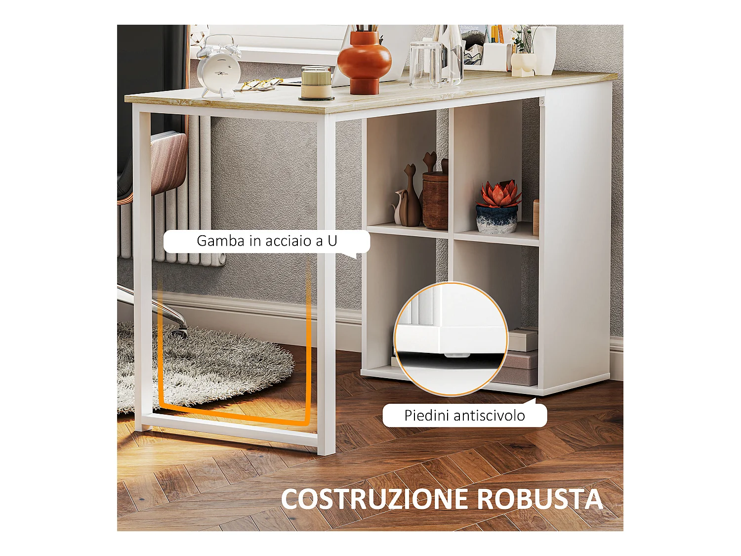 Scrivania per computer con 4 ripiani in legno e acciaio bianco rovere