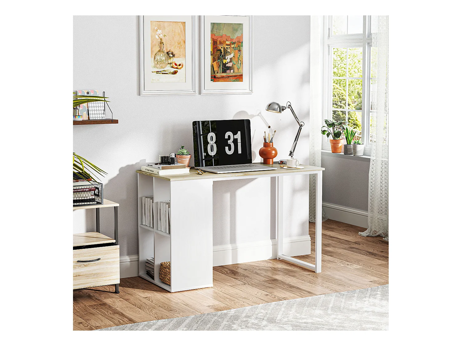 Scrivania per computer con 4 ripiani in legno e acciaio bianco rovere