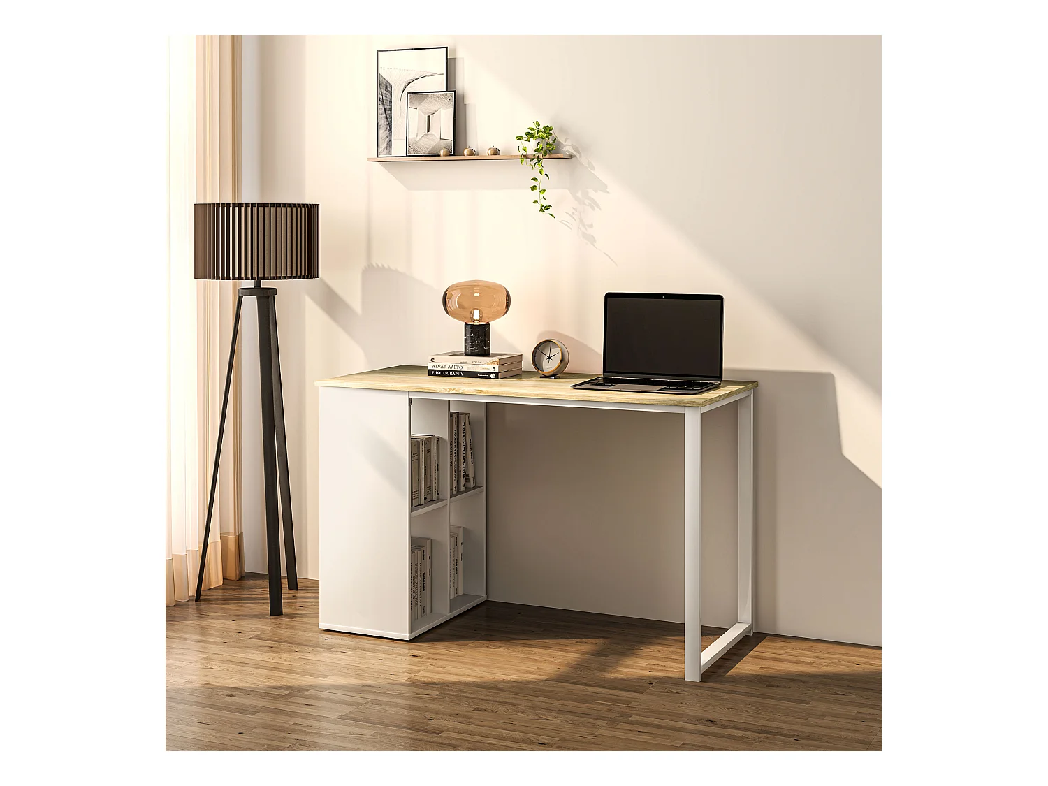 Scrivania per computer con 4 ripiani in legno e acciaio bianco rovere