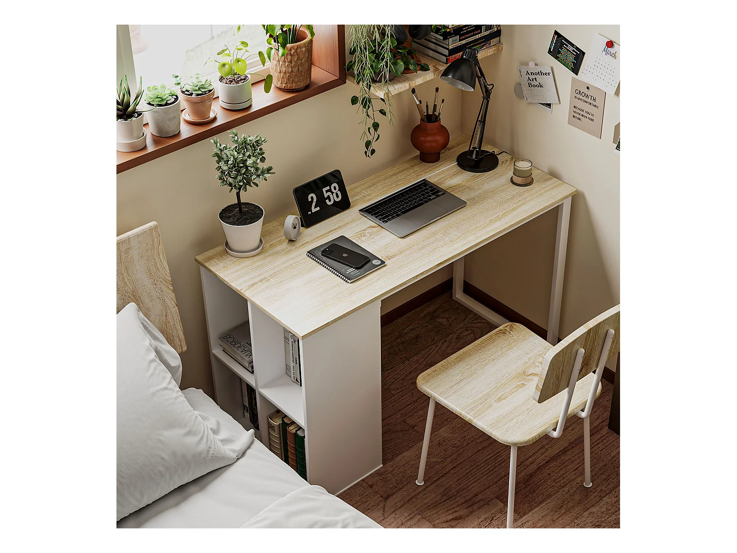 Scrivania per computer con 4 ripiani in legno e acciaio bianco rovere