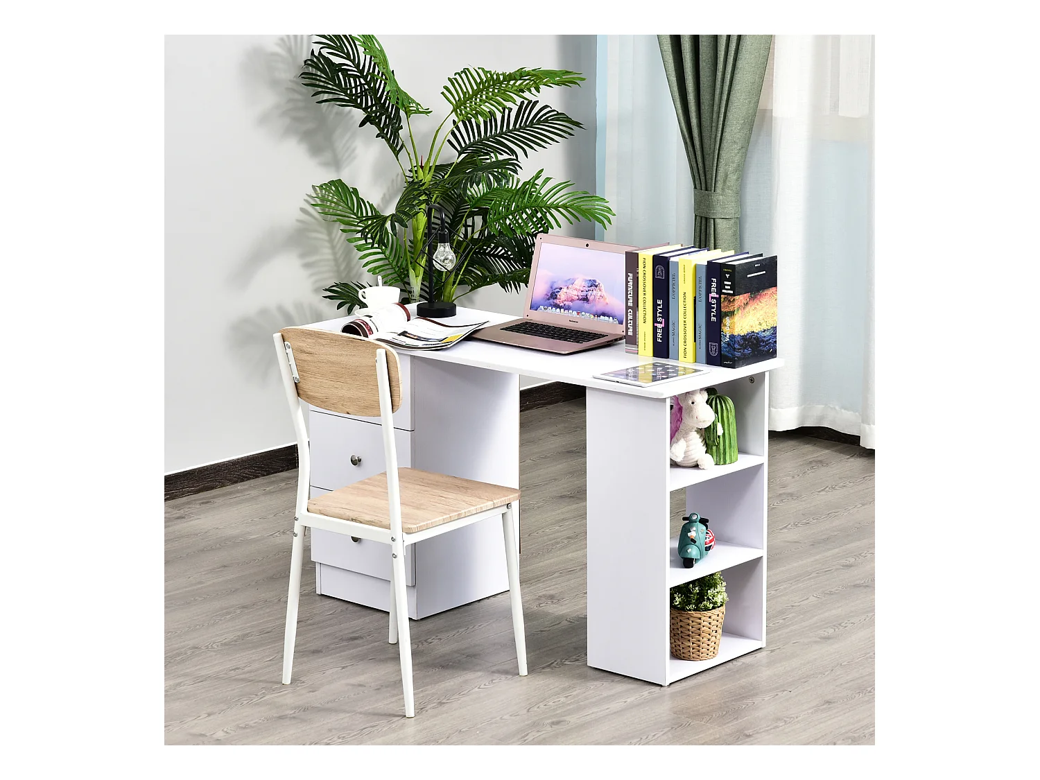 Scrivania porta pc con cassettiera e ripiani in legno bianco