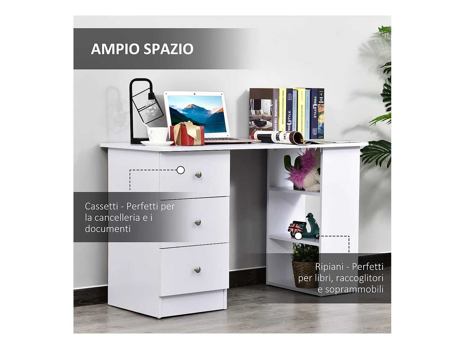 Scrivania porta pc con cassettiera e ripiani in legno bianco