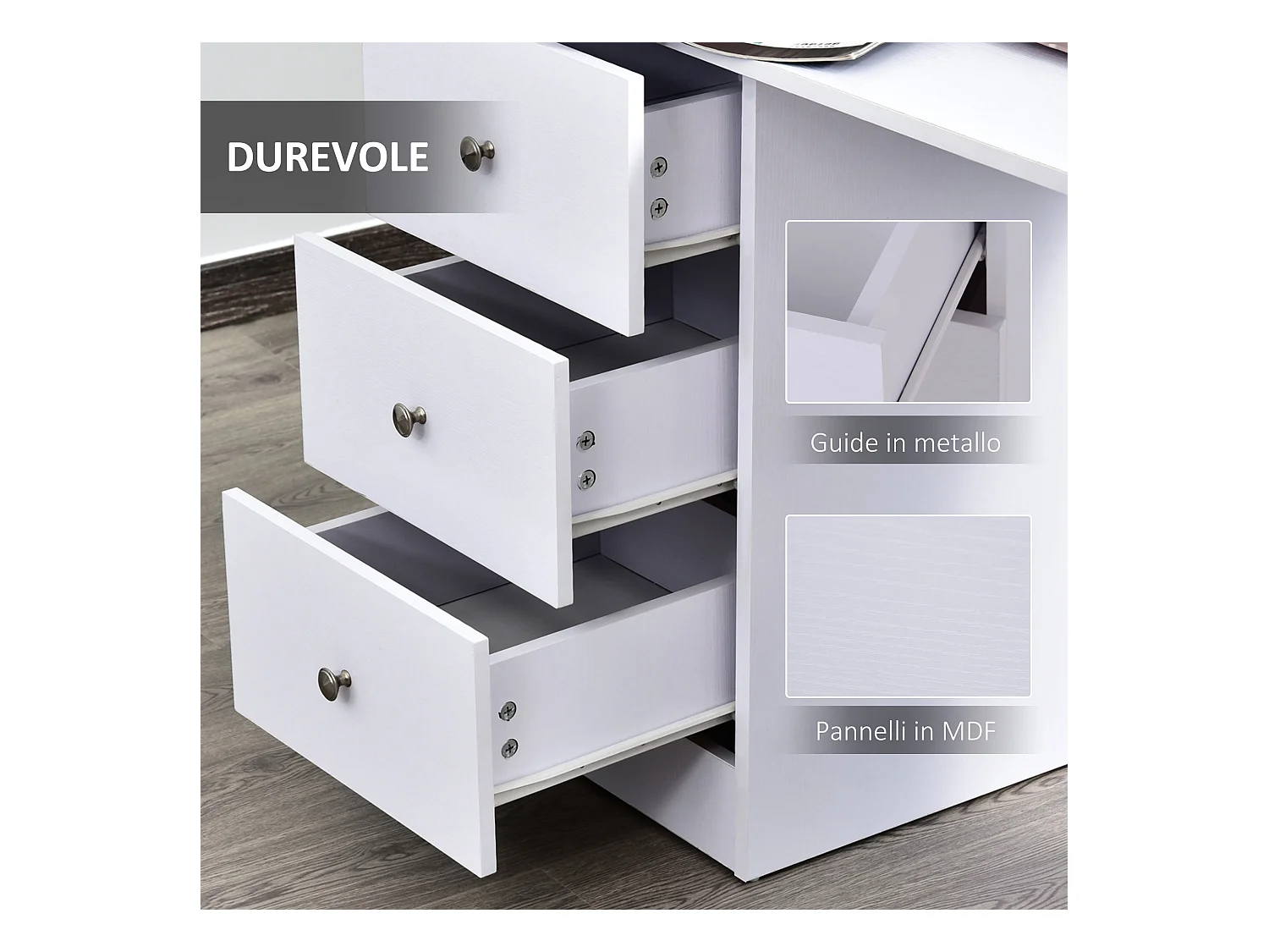 Scrivania porta pc con cassettiera e ripiani in legno bianco