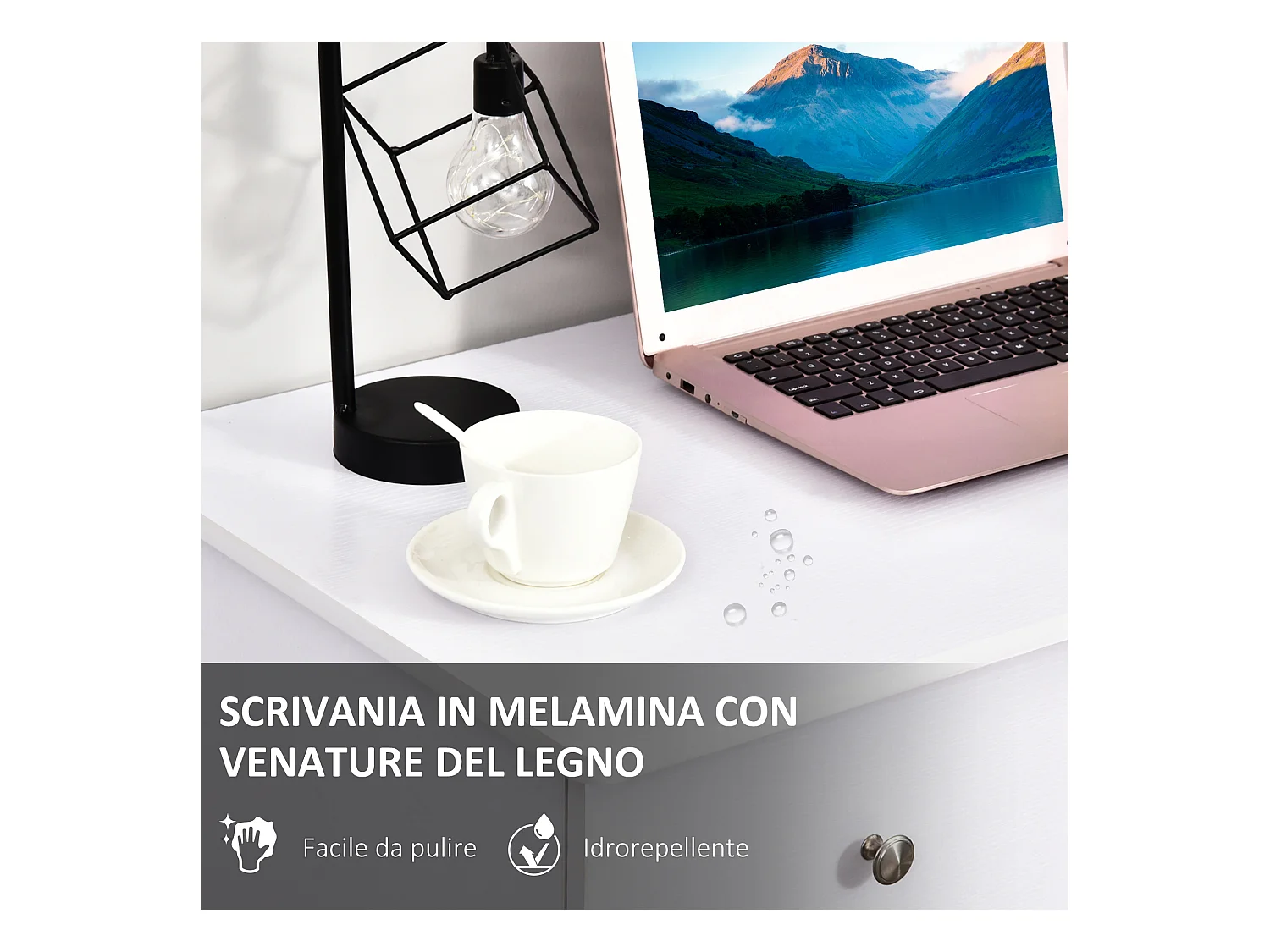 Scrivania porta pc con cassettiera e ripiani in legno bianco