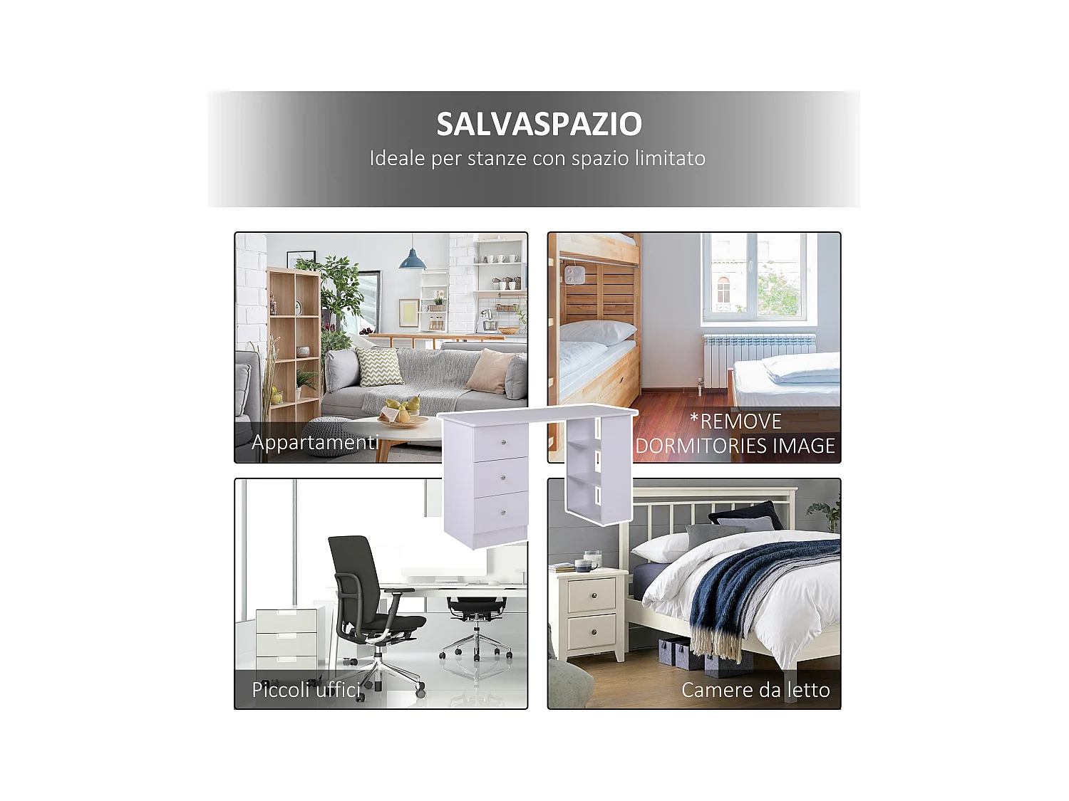 Scrivania porta pc con cassettiera e ripiani in legno bianco