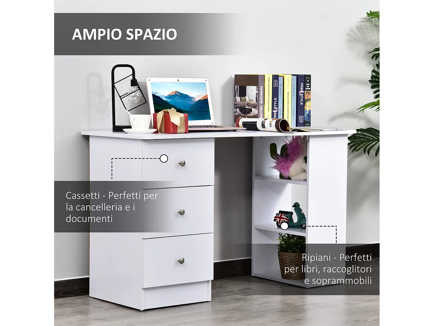 Scrivania porta pc con cassettiera e ripiani in legno bianco