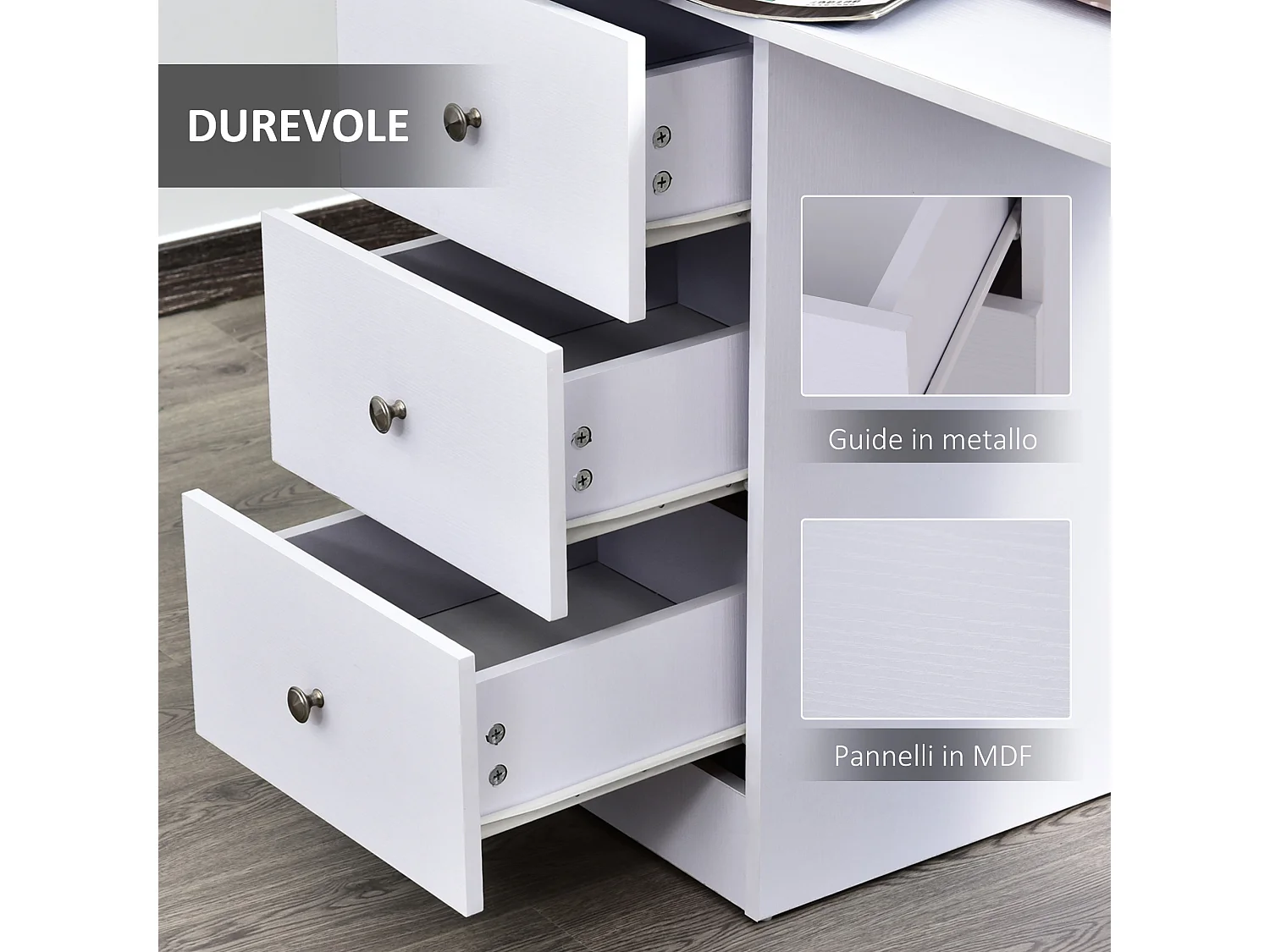 Scrivania porta pc con cassettiera e ripiani in legno bianco