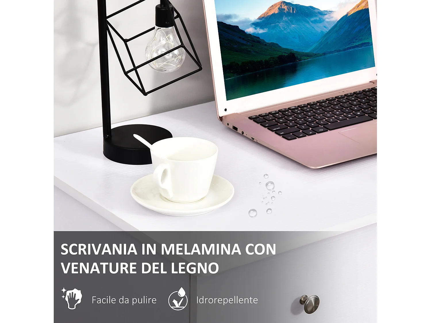 Scrivania porta pc con cassettiera e ripiani in legno bianco