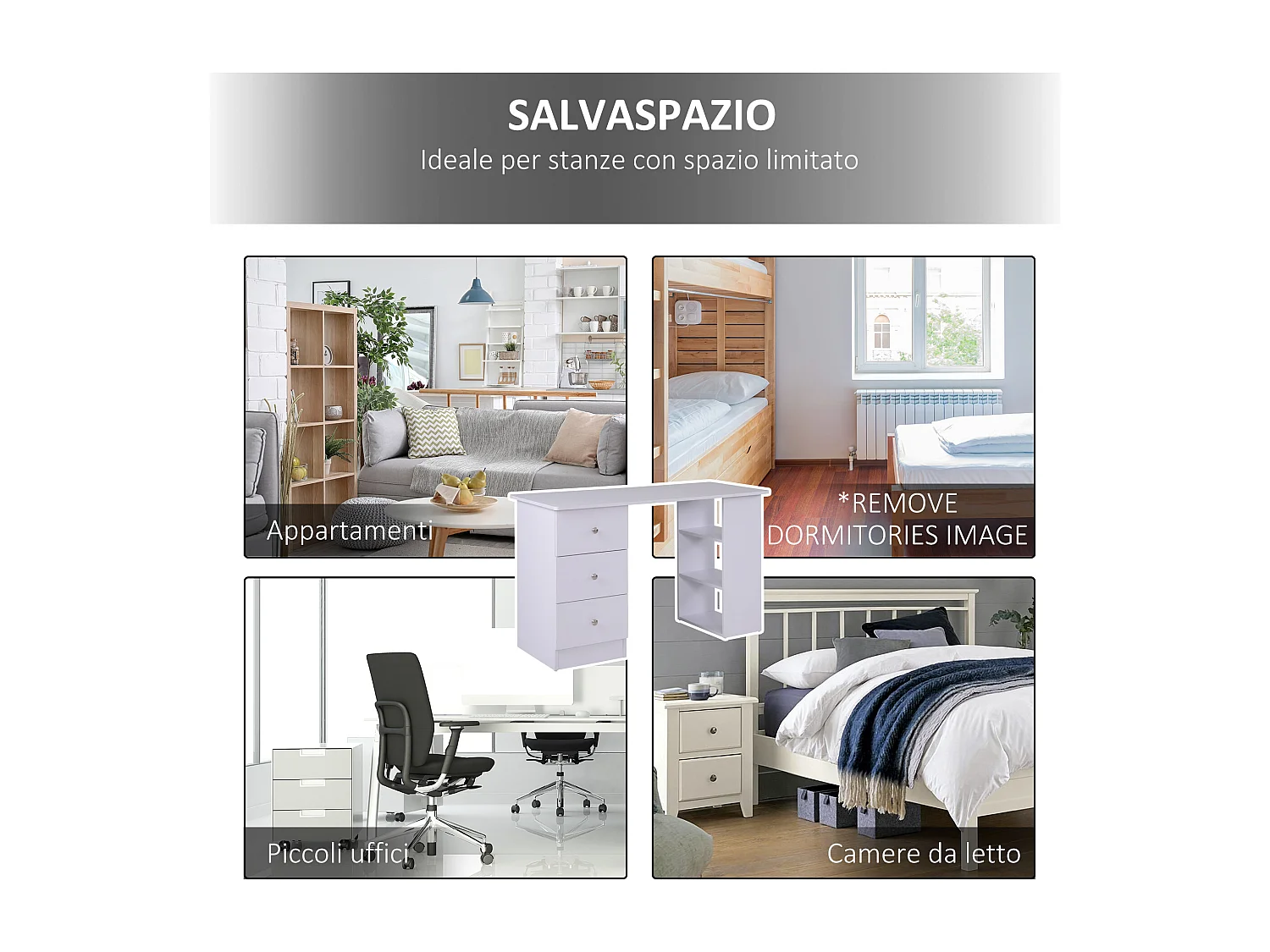 Scrivania porta pc con cassettiera e ripiani in legno bianco