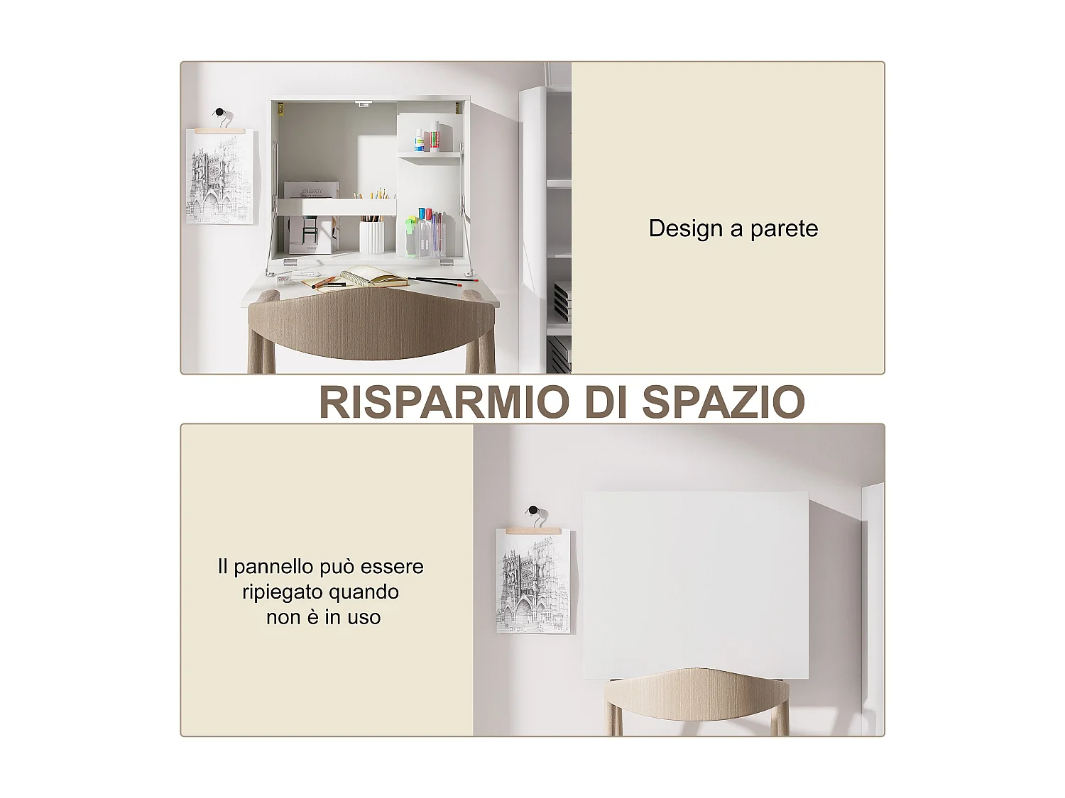 Scrivania a muro pieghevole e salvaspazio con ripiani bianco