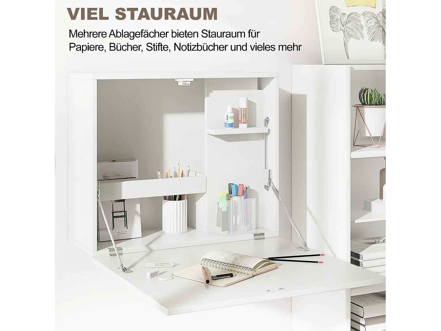 Scrivania a muro pieghevole e salvaspazio con ripiani bianco