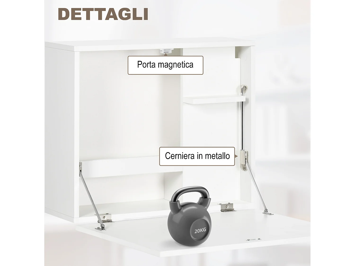 Scrivania a muro pieghevole e salvaspazio con ripiani bianco