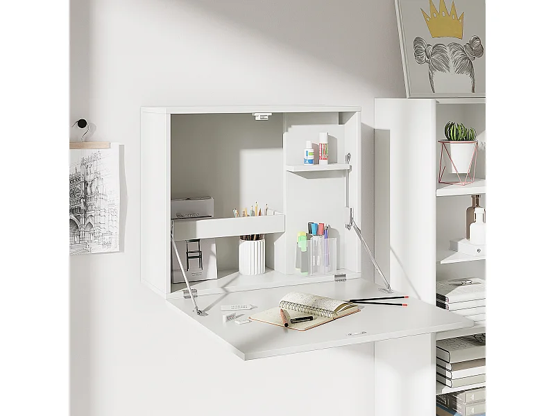 Scrivania a muro pieghevole e salvaspazio con ripiani bianco