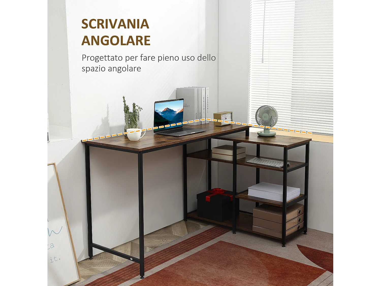 Scrivania angolare con scaffale 3 ripiani in stile industriale