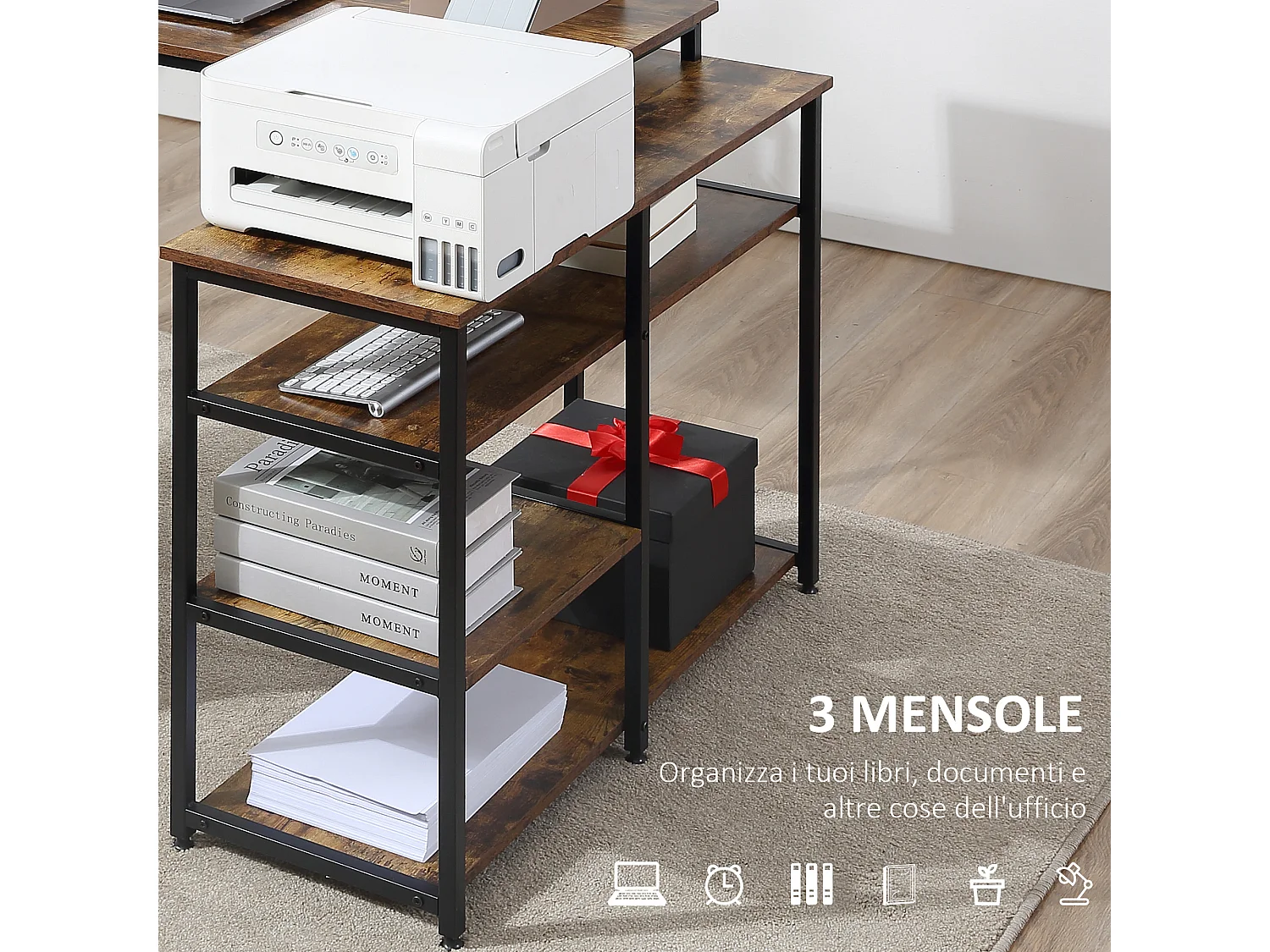 Scrivania angolare con scaffale 3 ripiani in stile industriale