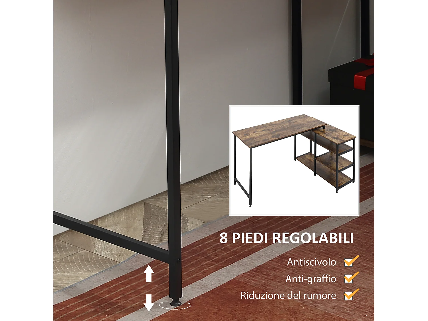 Scrivania angolare con scaffale 3 ripiani in stile industriale