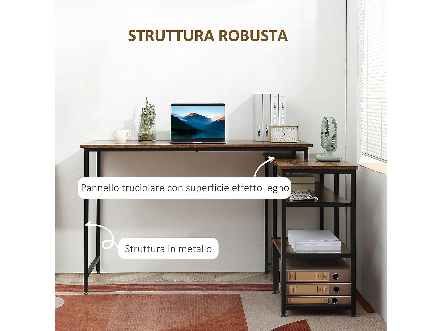 Scrivania angolare con scaffale 3 ripiani in stile industriale