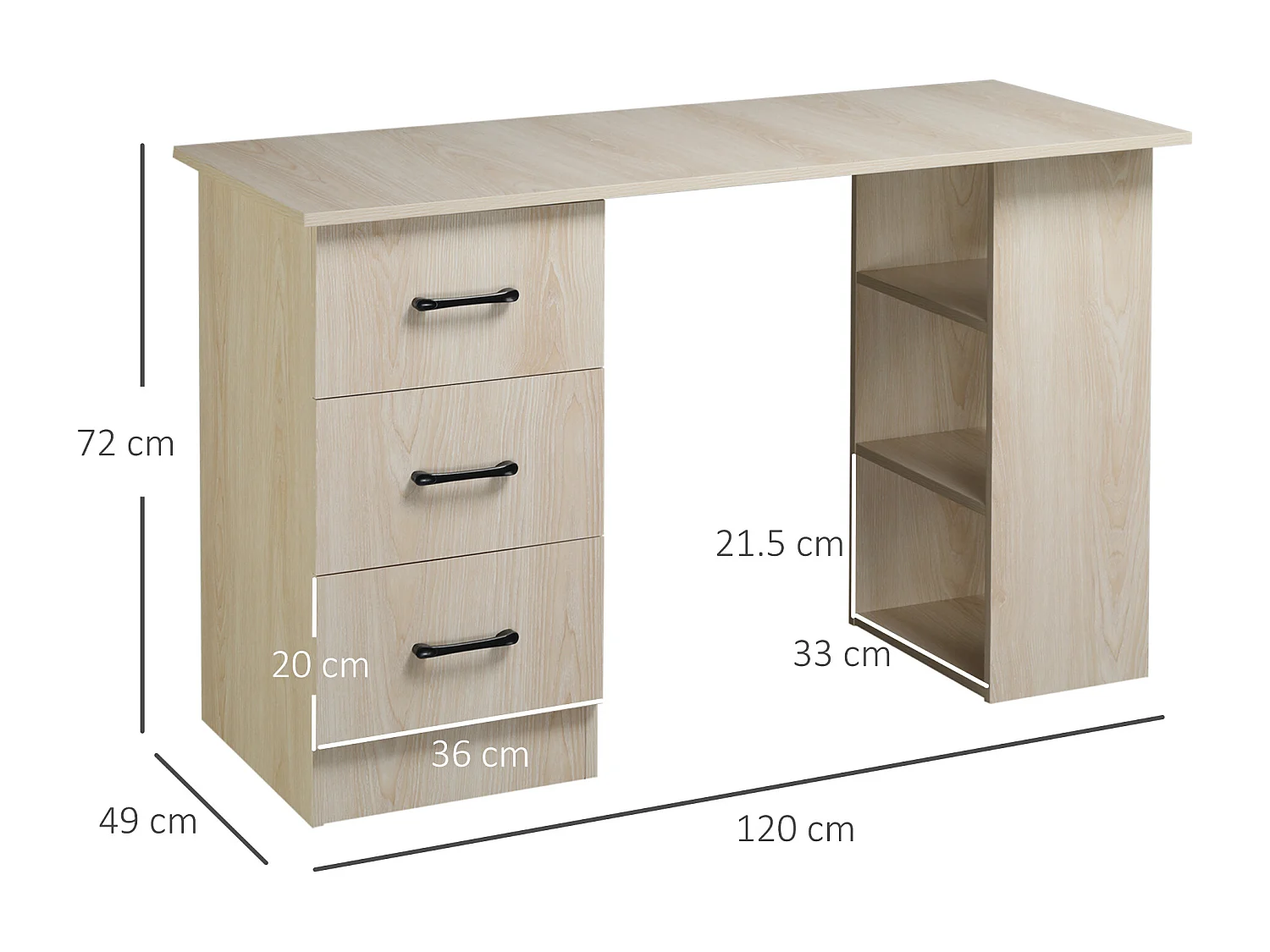 Scrivania pc per camera con 3 cassetti e 3 scaffali in legno
