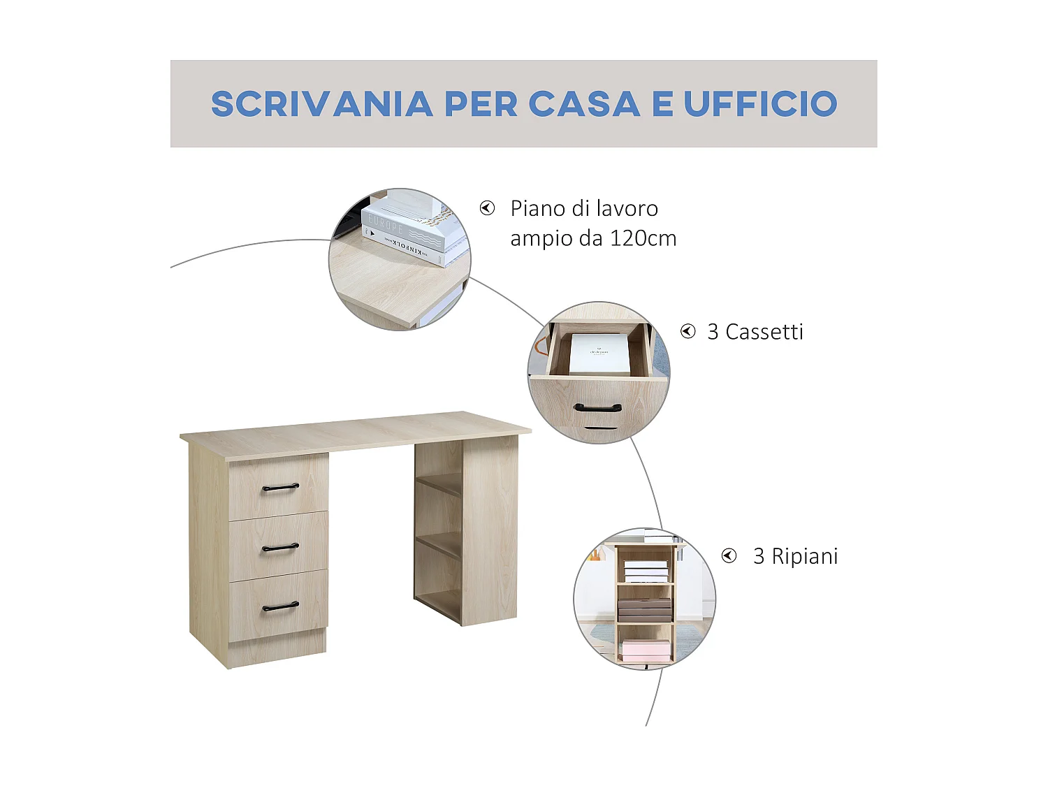 Scrivania pc per camera con 3 cassetti e 3 scaffali in legno
